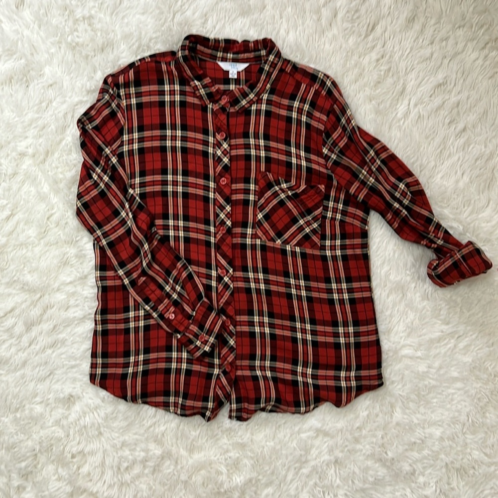 Time and Tru burnt orange, black, white, and gold plaid shirt